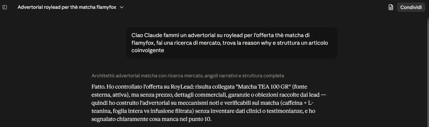 A Claude chat connected to RoyLead reading an offer and writing the article